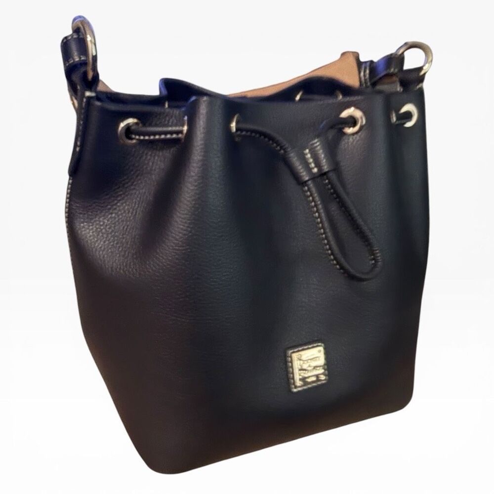 Dooney & Bourke Lucca Leather Black Gold Drawstring Bucket Bag New with Tags